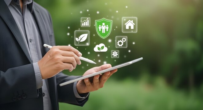 Businessman Using Tablet with Sustainability and Insurance Icons