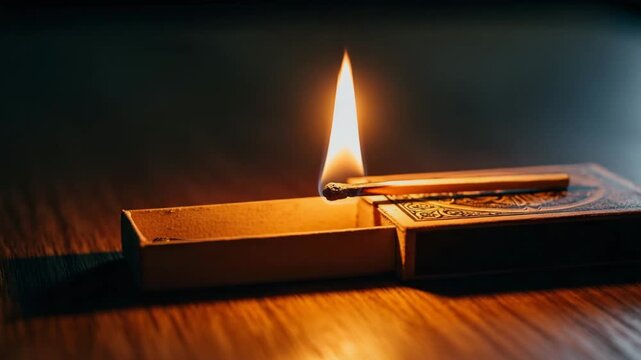 Matchstick igniting inside an open matchbox on wooden surface  