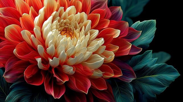 Macro red and cream blooming dahlia flower with green leaves for greeting cards.

