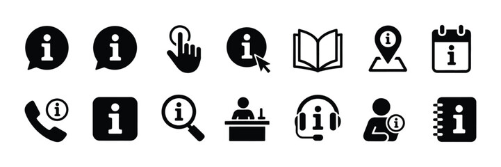 Info or information icon vector set, modern vector illustrations including chat, call, schedule, location, receptionist, instruction, help, support, and service symbols for apps, websites, and profess