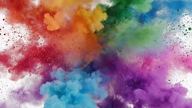 Super slow motion holi color burst on white background celebrating holika dhan and rang panchami through abstract rainbow powder harmony cinematic festival tradition joy culture