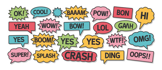 Comic Book Style Speech Bubbles with Onomatopoeia and Exclamations on White Background cartoon © Emon
