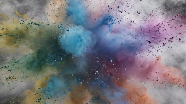 Super slow motion white powder burst celebrating holi holika dhan and rang panchami abstract smoke energy on black background cinematic festival symbolism art visual harmony