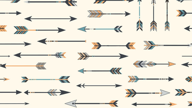 Ethnic style seamless pattern featuring various tribal arrows with feathers and geometric patterns on a light cream background.