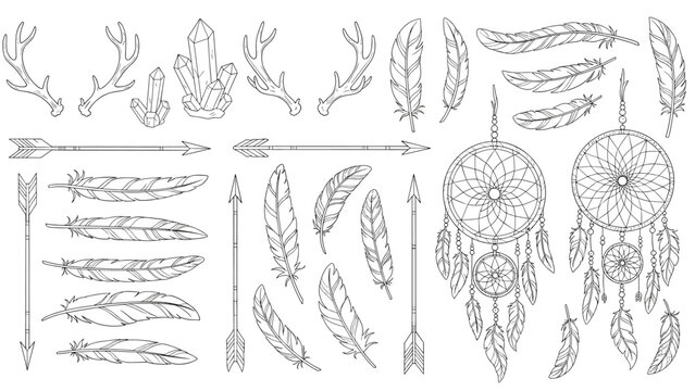Detailed collection of boho tribal line icons including dreamcatchers, feathers, arrows, crystals, and deer antlers on a white background.