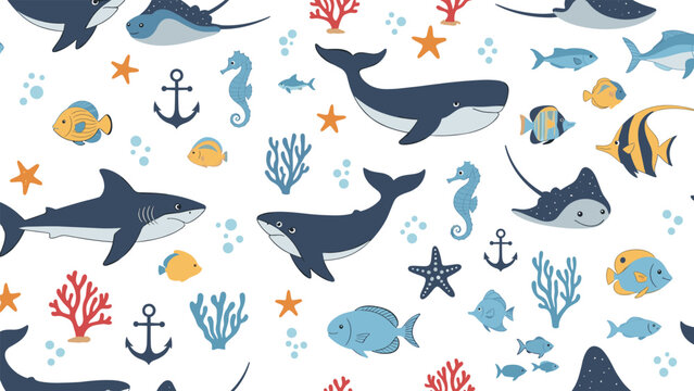 Seamless underwater pattern with whales sharks fish seahorses anchors and coral reefs on a white background for marine themes.
