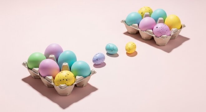 Pastel colored Easter eggs arranged in cardboard egg cartons on pink.