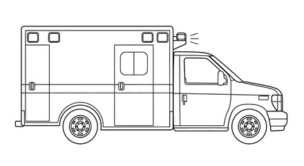 Line drawing of a modern ambulance vehicle shown in a side profile view © Ziaul_Studio