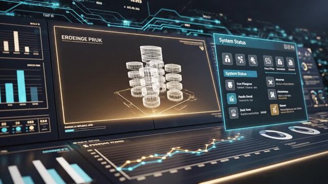 Futuristic digital dashboard displaying financial data and charts with wireframe coin graphics.