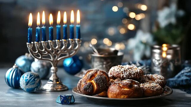 Happy Hanukkah banner and lit menorah with traditional donuts dreidels and gelt creating festive blue and white holiday celebration scene, with copy space