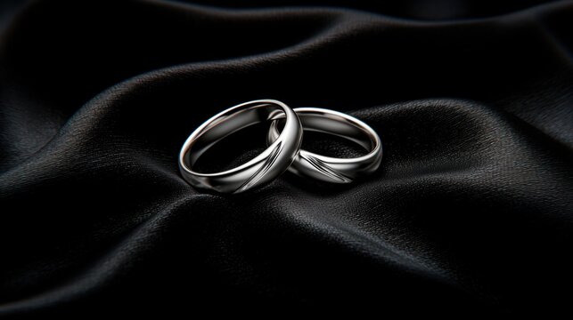 Two silver wedding rings on a black satin fabric.