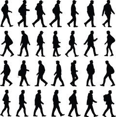 Obraz premium Set of walking men silhouettes in side view with backpacks and casual outfits isolated on white background, black male vector illustration collection.