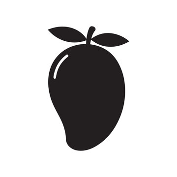 Solid black mango icon with leaves on top isolated on white background for design and illustration purposes  simple fruit symbol