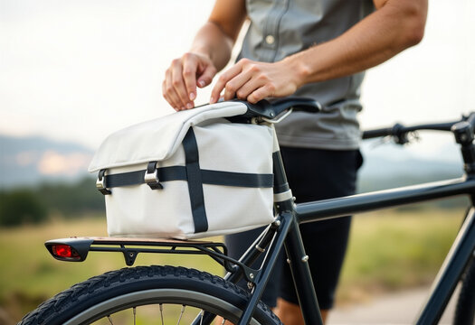 Blank white leather saddle bag under bicycle seat, ai generated. Person stand near travel bike with storage case mockup, outside background. Clear retro carry handlebar or purse template.