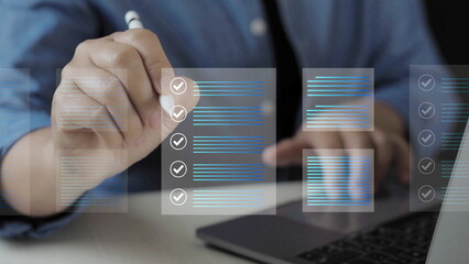 Business checklist and task management concept with digital interface and check marks. Project planning, workflow organization, productivity tracking and quality control for corporate operations.