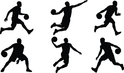 Basketball Player Silhouettes Collection in Action Poses, Dribbling and Jumping Athletes Isolated on White Background, Sports Training Illustration Set for Design