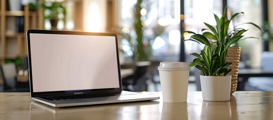 Fototapeta premium Laptop with blank screen on wooden table in modern cafe setting