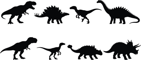 Dinosaur Silhouettes Collection with Tyrannosaurus, Triceratops and Stegosaurus, Prehistoric Reptile Illustration Set Isolated on White Background for Jurassic Design © Jakir