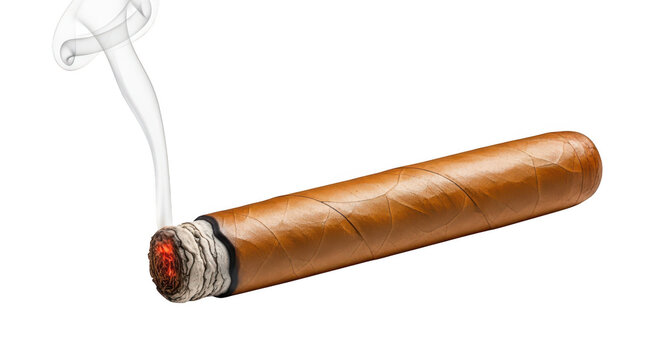 A brown cigar with smoke rising from the lit end on transparent background