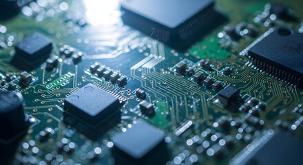 Obraz premium Close up shot of electronic circuit board with microchips and gold plated copper pathways