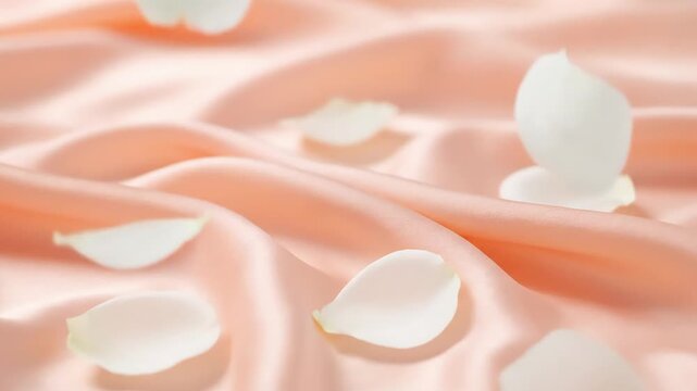 Soft rose petals scattered on soft fabric, gentle folds, serene atmosphere, delicate texture, peaceful scene