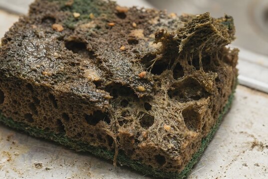 Macro photography of heavily worn out torn and greasy kitchen sponge showing poor hygiene