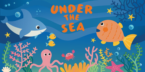 Colorful underwater scene featuring a shark fish octopus and coral © Uttam