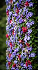 Obraz premium Close-up of vertical flower arrangement with mixed blue, red, and purple blossom, representing freshness, vitality, and natural beauty for garden design