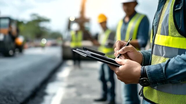 Faceless team of engineers and construction workers in reflective vests inspecting fresh asphalt layer, clipboard checks and thermal cameras in use, with copy space