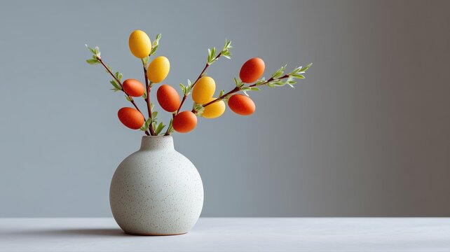 Fr&ouml;hlicher Osterstrauch mit h&auml;ngenden Eiern in minimalistischer Vase f&uuml;r fr&uuml;hlingshafte Innendekoration