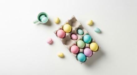 Obraz premium Pastel colored candy eggs are displayed in a cardboard carton from an overhead.