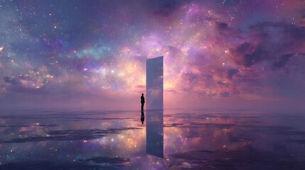 a human figure standing before a mirror made of cosmic glass, reflection shows an alternate galaxy version of self, vibrant color contrast with purple-blue starlight, surreal spiritual symbolism 