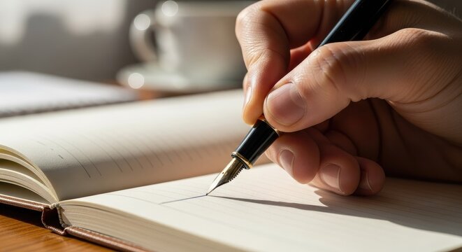 Close up of hand writing with fountain pen on open notebook with blurred background