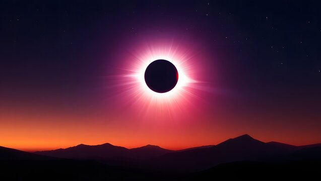 A breathtaking solar eclipse illuminates the twilight sky with a vibrant pink corona, silhouetting majestic mountains below.
