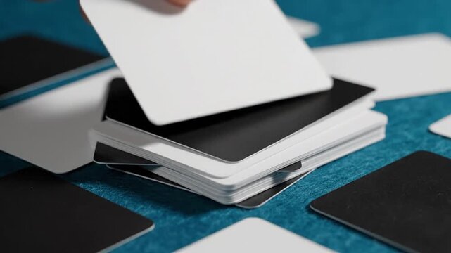Blank white and black cards on blue textured surface