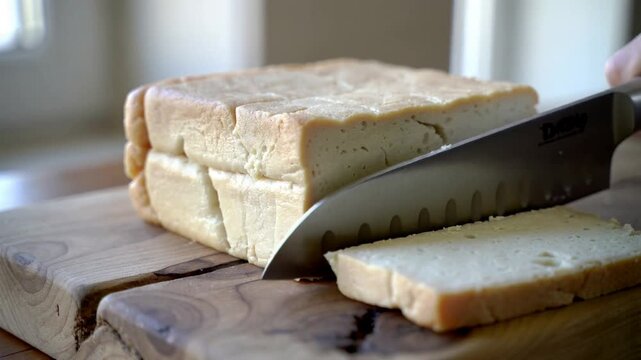 Hand slicing a loaf of bread on a wooden cutting board with a knife