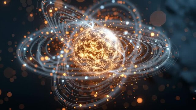 Glowing atom with bright energy particles and orbital paths in dark space, futuristic concept of nuclear power and science