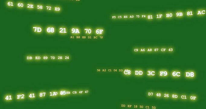 On start glowing hex bytes drifting on transparent plane grouping pulsing fading showing data flow
