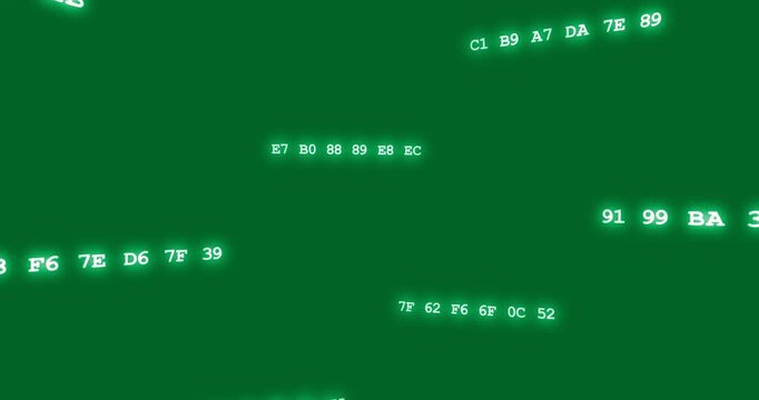 Neon hex bytes appearing from corners moving blooming rotating showing data stream on transparent