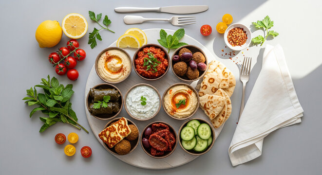 Vibrant Mediterranean Meze Platter Healthy Middle Eastern and Greek appetizers. Hummus, tzatziki, dolmades, olives, feta, pita bread, artfully arranged