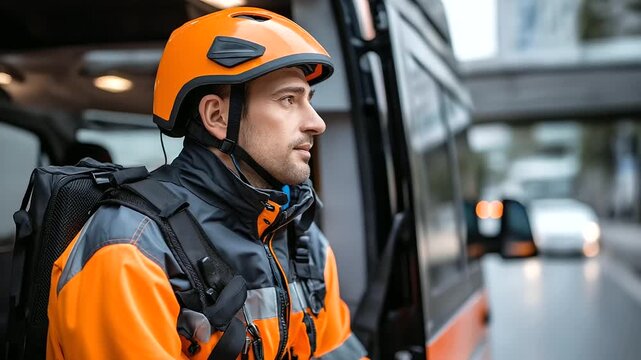 Faceless man in orange uniform, paramedic photo from inside ambulance van, emergency medical services professional, with copy space