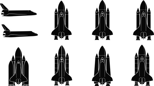 Space Shuttle Silhouette Set with Multiple Angles and Launch Positions, Rocket Spacecraft Icons Isolated on White Background, Aerospace Exploration Illustration Collection