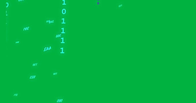 Top-right entry starting tokens stacking into 1s or 0s columns rotating showing data on clear canvas