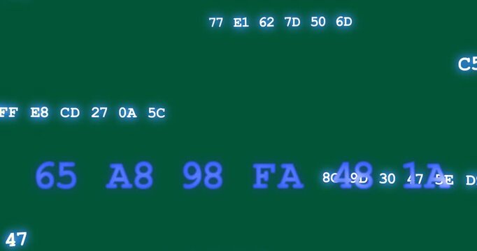 On start, hex byte clusters drifting over transparent navy plane, pulsing, fading to show data flow