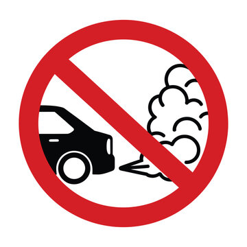 No idling vehicle sign with red prohibition circle over car exhaust smoke clouds to prevent environmental air pollution and smog