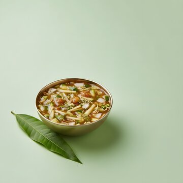 Traditional Ugadi Pachadi in a brass bowl with a mango leaf on a light green background. Symbolizing life's six tastes, this festive South Indian New Year dish is perfect for cultural celebrations.