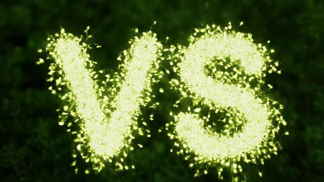 Glowing yellow particles form the letters "VS" against a dark, blurry green background
