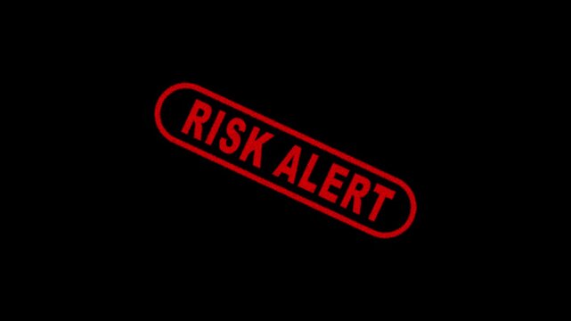 Risk Alert Stamp Label Animation on Black Background for Critical Warning and Broadcast Crisis Announcement 4K Motion Graphics Animation