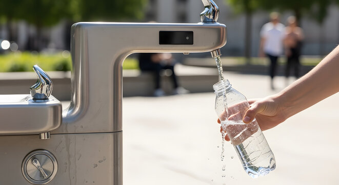 Person filling reusable water bottle at outdoor drinking fountain. Generative AI