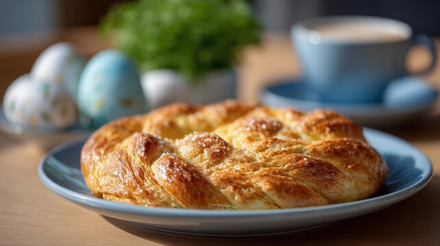 Gem&uuml;tliches Osterfr&uuml;hst&uuml;ck mit Hefezopf und dekorierten Eiern im sanften Morgenlicht